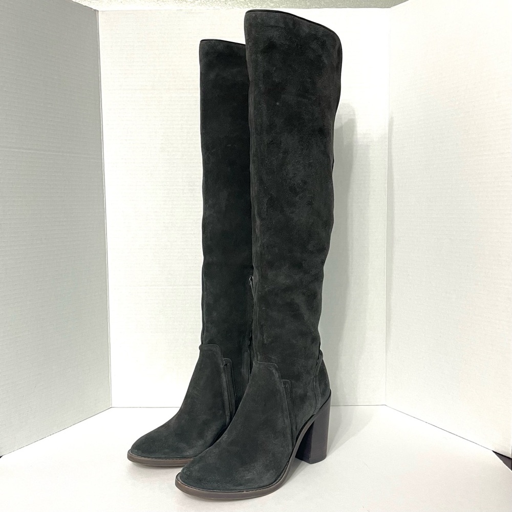 Vince Camuto Melaya Gray Suede Over the Knee Boots Stacked High Heel Size 8